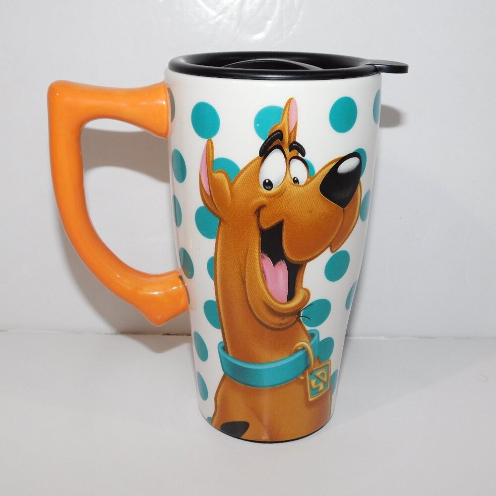 Scooby Doo Ceramic Travel Mug Tumbler Teal White Polka Dot 18 oz Hot Cold Coffee